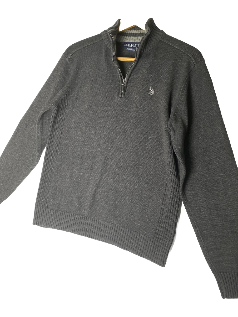 U.S. Polo Assn 1/4 Zip Pullover Sweater, Charcoal Grey Large Cotton Blend